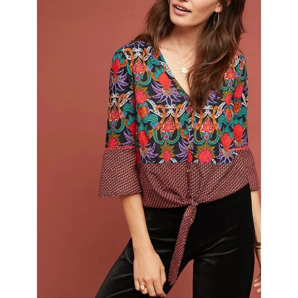 Anthropologie Maeve Carter Floral Paisley Blouse 3/4 Flare Sleeve Womens 12 Red